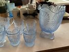 Mosser blue beaded shell design pitcher and 4 tumblers