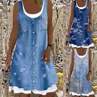 Boho Womens Patchwork Casual Denim Dress Ladies Holiday Loose Beach Sundress US