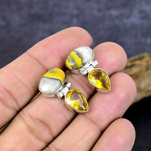 Bumble Bee Jasper Citrine Gemstone Handmade 925 Silver Stud Earrings Jewelry