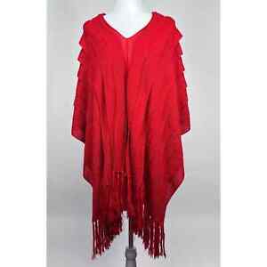 Peru Etnico 100% Baby Alpaca Red Knit Poncho Shawl Top One Size