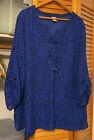 FADED GLORY Blue Sapphire Print Button Tab 3/4 Sleeve 100% Polyester Top 3x
