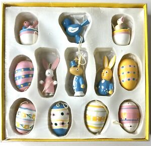 New Listing12 Piece Wooden Wood Mini Easter Tree Ornaments Eggs Bunnies Birds VTG 1.5-2”