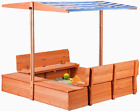 Kids Wooden Sandbox with Cover for Backyard Garden,Sand Box with Adjustable Cano