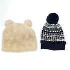 Lot Of 2 Baby Boy Winter Hats Beanie Bear Knit Navy Infant 0-12 Months New