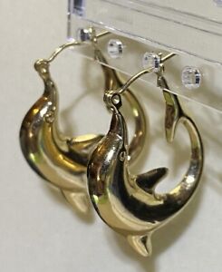 10k Yellow Gold Dolphin Hollow Hoop Earrings 2.8 grams