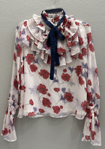 Anthropologie Endless Rose Floral White Top Size Small Ruffle Front Bow Tie Line