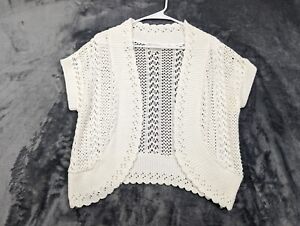 Vintage Dress Barn Cardigan Womens XL Open Front Short Crop Crochet Knit White