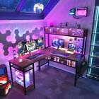 L Shaped Gaming Desk with LED Lights & Power Outlets Home Office Desk w/ Shelves