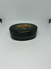 Vintage Small Russian Lacquer Elongated Oval Trinket Box with Floral Detail