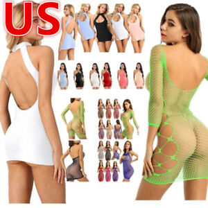 US Sexy Women Bodycon Mini Dress Fishnet See Through Babydoll Nightwear Clubwear