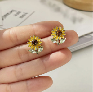 Fashion Crystal Yellow Sunflower Earrings Ear Stud Women Wedding Jewelry Gift