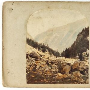 Tinted Unknown Mystery Mountain Stereoview c1860 Opening Hill Rocks Photo A2644
