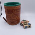 Vintage Tooled Leather Mexico Dice Cup with 5 Poker Dice