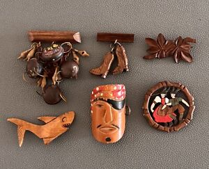 Vintage Carved Wood Brooches Lot Of 6 Cowboy Boots Shark Pirate Bavarian Couple