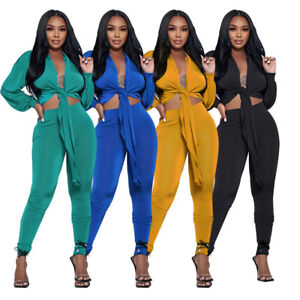 Stylish New Women V Neck Long Sleeves Tie-front Solid Bodycon Long Pants Set2pcs