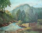 Antique oil painting river in the mountain landscape, riverscape