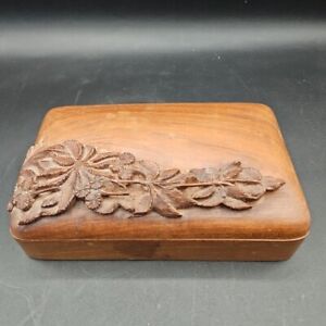 Antique Wooden Trinket Jewelry Box Original Old Very Fine Floral Hand Carved