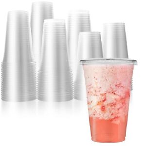 100 PACK 16 oz Disposable Clear Plastic Cups with Flat Lids Cold Coffee Cups