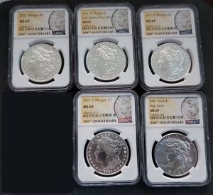 2021 Morgan / Peace Dollar 5 Coin Set - NGC MS69 Privy P D S O Confirmed
