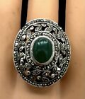 Large Sterling Silver Green Onyx and Marcasite Ring