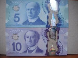 Set of  NEW 2013 Canadian Uncirculated Polymer  $5 and $10 Banknotes