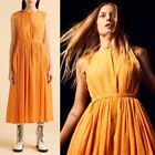 Merlette Maya Linen & Silk Blend Textured Crinkle Midi Dress in Tangerine XS