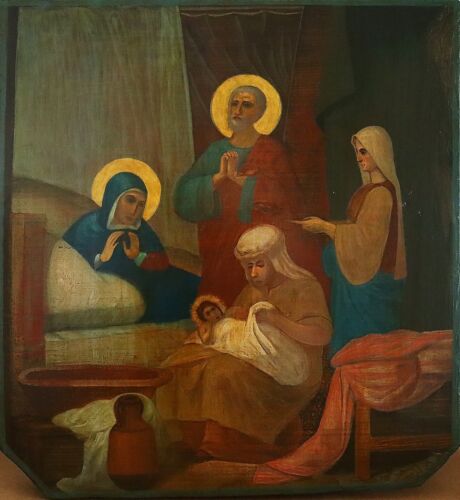Antiques, Orthodox Russian icon: NATIVITY OF VIRGIN