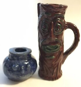 Vtg Art Pottery FACE Vessels Tree Face & Sm Round Vase Anthropomorphic Signed KJ
