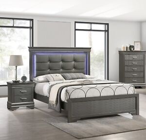Luxury Look Gray King Size Bed W LED 2x Nightstands 3pc Set 2-Drawers NS Bedroom