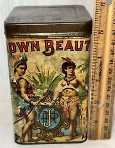 ANTIQUE BROWN BEAUTIES CIGAR TIN IOWA TOBACCO CAN TOPLESS NATIVE AMERICAN INDIAN