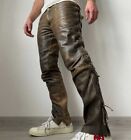 Men's Real Leather Vintage Jeans 5 Pockets Biker Pants Real COW Distressed Pants