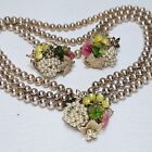 VNTG Haskell Style Necklace Earrings Glass Flowers Pearl Filigree Backs Leaves