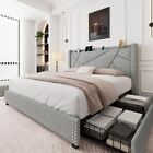 King Size Bed Frame W 4 storage drawers Upholstered Solid Wood