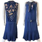 Vintage 1920s Flapper Dress Chainstitch Embroidery Drop Waist Navy Blue S/M