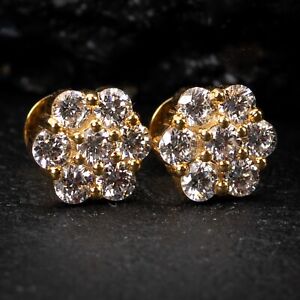 Flower Cluster 14K Yellow Gold 0.97Ct VVS Lab Grown Diamond Screw Back Earrings