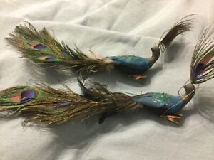 Vintage Blue Green Peacock Clip-on or hanging Bird Christmas Ornaments Set 2