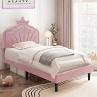 VECELO Twin Size Upholstered Bed Frame Pink Child Bed with Adjustable Headboard