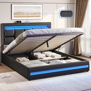 Modern Led Full/Queen Lift up Storage Bed Frame Upholstered Platform Headboard
