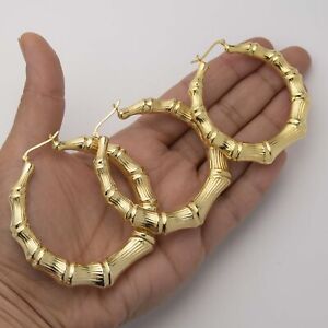 Graduated Diamond-Cut Bamboo Hoop Earrings 14K Yellow Gold-Plated Silver 925