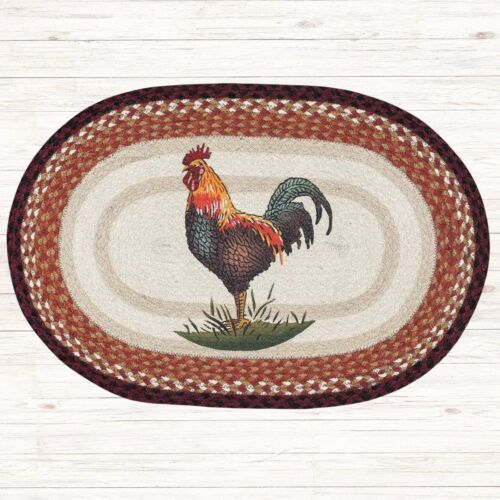 Rustic Rooster Braided Oval Rug - Handwoven 100% Natural Jute and Hand-Stenciled