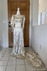 Vtg 1940s Wedding Dress Lace Slipper Satin Train Wearable As-Is XS