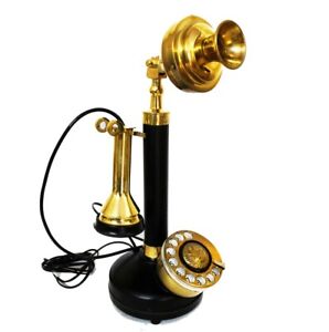 Antique Candle Stick Phone Brass Rotary Dial Wire Telephone Vintage Home Decor