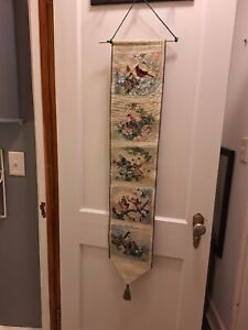Tapestry Bell Pull Wall Hanging Of Birds With Floral Accents, Artist Signature.
