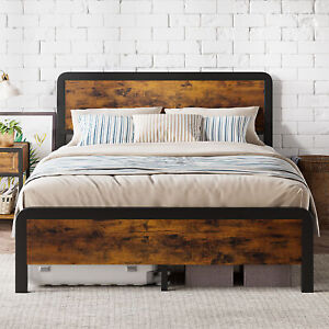 Bed Frame Twin/Full/Queen Size with Wooden Headboard Heavy Metal Platform