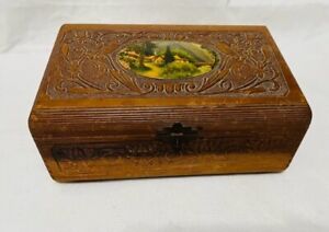 Vintage Hand Carved Wood Footed Jewelry Box/Treasure Chest w/Mirror 10.5