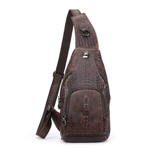 Genuine Leather Sling Backpack, Crocodile Pattern Daypack, Brown Crossbody Bags
