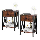 Set of Two X-Design End Table Home Room Display Storage Shelf with Drawer, Brown
