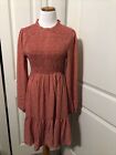 ANDREE BY UNIT Red Long Sleeve Babydoll Dress Smocked Bodice New Size L NWT