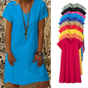 💙💙T-Shirt Linen Summer Baggy Plus Size V-neck Womens Cotton Ladies Tops Dress‹