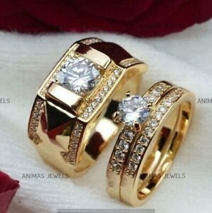 His & Her Trio Set Bridal Lab-Created Diamond Wedding Ring14K Yellow Gold Plated